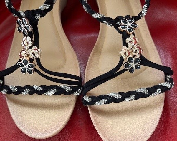 SANDALS. Libra Pop brand- Embellished With Black, Gold & Silver charms. Ultra Comfortable. Size Uk 6 Eu 39 Purchased In Toulouse. Brand New In Box.
