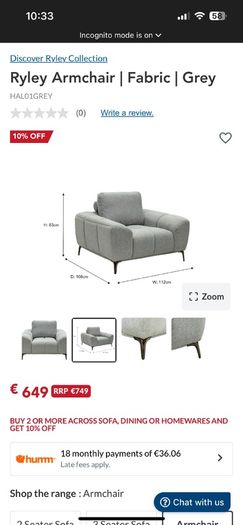 Grey Fabric Armchair Brand New