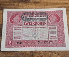 Austria-Hungary, 2 Kronen banknote, 1 March 1917, circulated, with overprint - free standard postage