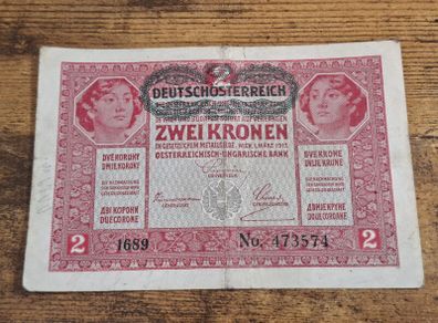 Austria-Hungary, 2 Kronen banknote, 1 March 1917, circulated, with overprint - free standard postage