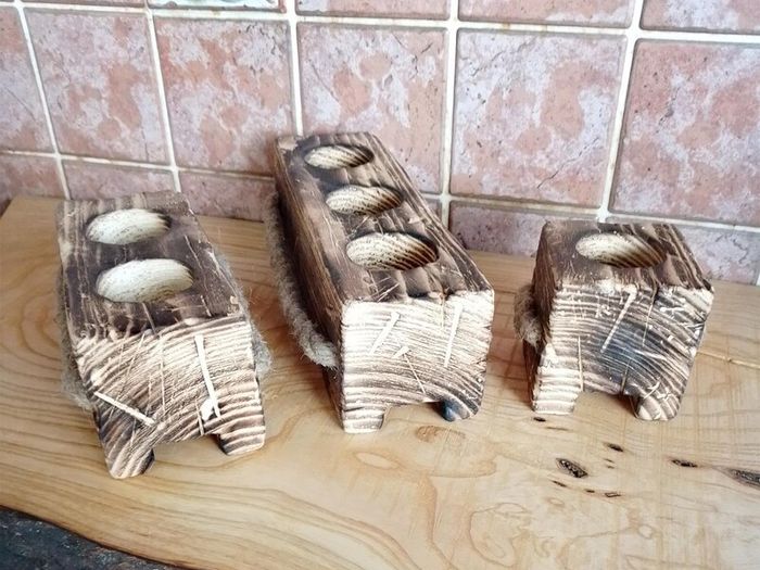 Tealight Holders Handmade From Reclaimed Wood, Shou Sugi Ban Set (+ 6 LED Lights)6