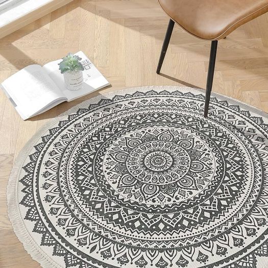 MULTIPLE SIZES AVAILABLE Round Cotton Area Rugs 120cm Hand Woven Tassels Carpet Chic Bohemian Pattern Floor Mats Boho Carpet for Bedroom Living Room Sofa Coffee Table Swing Chair Bed Side, Grey Black