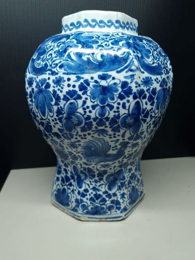 Large 18th Century Delft Blue White Vase 27cm Hand Painted Floral Bird Ceramic