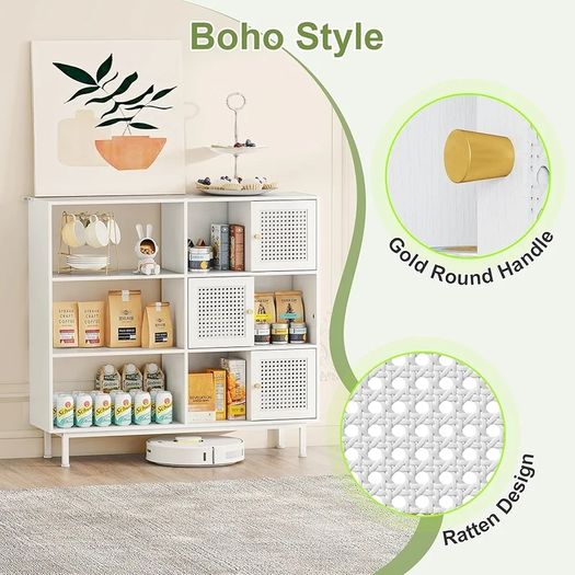 Rattan Bookcase, Storage Sideboard Cabinet with Metal Legs, Wooden Bookshelf with 3 Door, 6 Open Compartments, Freestanding Display Rack for Living Room, Study,102x29x96cm(White)