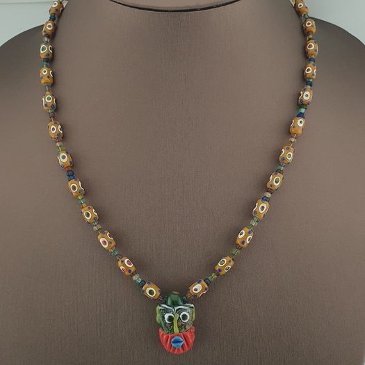 Vintage Venetain Style delicate Dotted Glass Beads & Old Face Glass Pendant Necklace