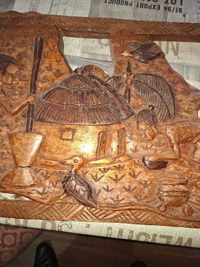 Beautiful Large Old Hand-Carved Wood Panel Indonesian Rural Village Life Scene Sculpture. Post Available, Beautifully carved from a single piece of wood Ideal for Home or Stage Movie Props