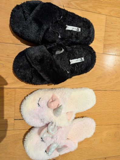 2-Pair Slipper Bundle: V-By-Very Black Fluffy Cross-Strap & Pink Unicorn Mule Slippers (Size S)