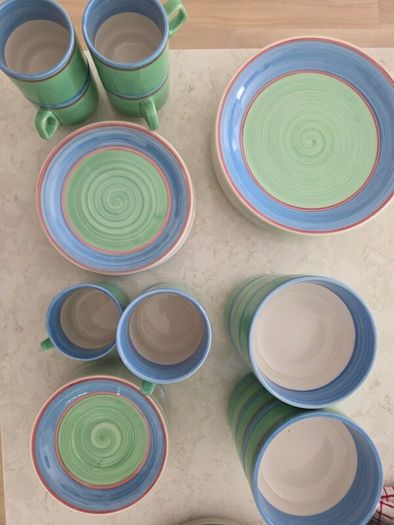 CARIGALINE plates bowls cups milk jug tea pot