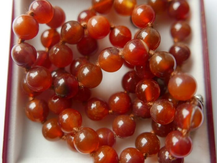 Vintage Natural Red Carnelian Agate Bead Necklace strung on a silk cord length 20"