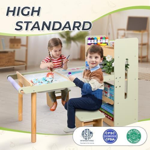 FUN Kids Sensory Table and 2 Chairs Set with Storage Bins & Shelves, Toddler Activity Table with Blackboard and Whiteboard, Childrens Art Table for Drawing Sand and Water Play Ages 3 to 8