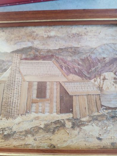 Framed Vintage  Straw and Nature Artwork (New Zealand Artist T Rogers) "Banks Peninsula" Made from Natural Objects, Textile Art, Man Cave.