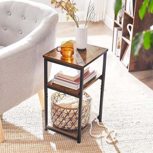 _side table, bedside table, with 3 levels, for bedroom, steel frame, for living room, bedroom, industrial design, vintage brown-black