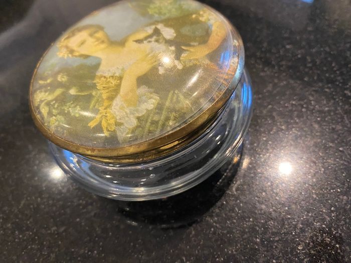 Vintage glass powder pot .