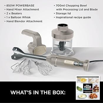 Foodi 3-in-1 Hand Blender, Hand Mixer & Chopper with Gradual Start, 2 Blending and 5 Mixing Speeds to Chop, Mix, Knead, Blend and more, Dishwasher Safe Parts, 850W, Stone Gold