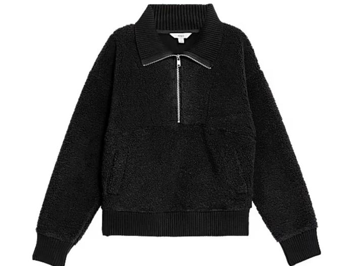 Marks & Spencer Borg textured half-zip sweatshirt in black: Medium - Suit size 10 and 12-14