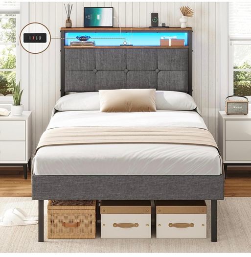 3ft Single Bed Frame 90x190 Upholstered Bed Frame With LED Lights & Charging Station Metal Bed Frame with Upholstered Storage Headboard/Under Bed Storage/Noise Free (Single-90x190cm)