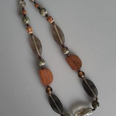 Necklace - Glass - Wood - Green - Brown