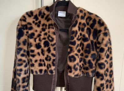 BERSHKA leopard print fur cropped bomber jacket