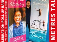main image for ad Personalised Birthday / Celebration Photo Pop Up Banner Printed with your Photos and Text + Stand &amp; Base for any occasion - 2 Metres Tall