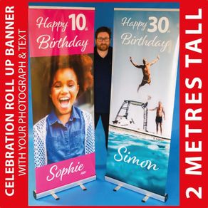 Personalised Birthday / Celebration Photo Pop Up Banner Printed with your Photos and Text + Stand & Base for any occasion - 2 Metres Tall