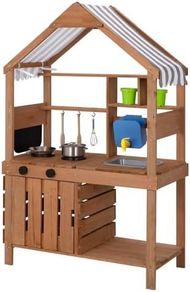 Mud Kitchen for Kids Outdoor, Kids Kitchen Playset with Canopy, Gardening Tools, Chalkboard, Flower Pot, Cookingware, Removable Water Tank, for Boys and Girls 3+, Solid Fir Wood