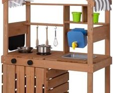 Mud Kitchen for Kids Outdoor, Kids Kitchen Playset with Canopy, Gardening Tools, Chalkboard, Flower Pot, Cookingware, Removable Water Tank, for Boys and Girls 3+, Solid Fir Wood