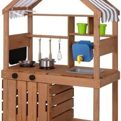Mud Kitchen for Kids Outdoor, Kids Kitchen Playset with Canopy, Gardening Tools, Chalkboard, Flower Pot, Cookingware, Removable Water Tank, for Boys and Girls 3+, Solid Fir Wood