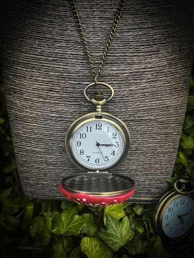 Mushroom Pocket Watch on Long Brass Chain Wonderland Fantasy White Rabbit