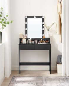 Dressing Table with LED Lighting, Adjustable Brightness, Dressing Table with Mirror, Cosmetic Table with 2 Drawers and 3 Open Compartments, Modern Black