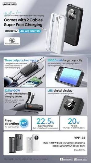 REMAX RPP-38 20W+22.5W Built-in Dual Fast Charging Cables Power Bank 20000mAh