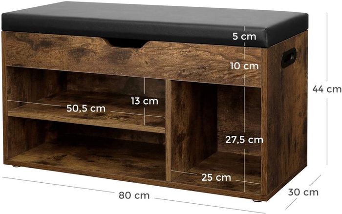 _Shoe Bench LHS30BX, Seat Bench, Padded, 3 Open Compartments, Under Seat Storage, Shoe Storage, Hallway, Living Room, Bedroom, Holds up to 150 kg, Vintage, Dark Brown