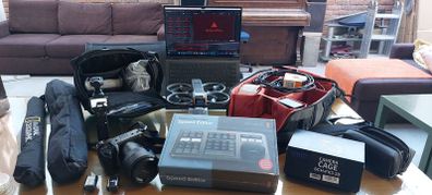 Camera Equipment, Sony FX30 (little used), DJI Osmo 3 Creator Kit, Fluid Head Tripod x 2, Nat Geo Mono Pod, Camera Flash Unit,