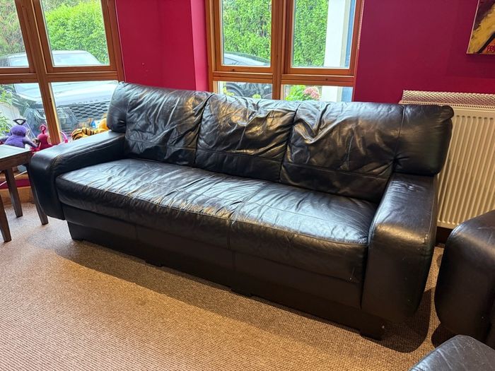 DFS Black Leather Sofa Suite 3 Seater, 2 Seater, Armchair & Footstool