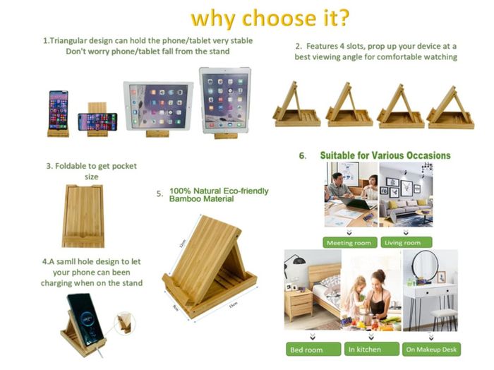 Bamboo Foldable Universal Multi-Angle Stand Holder, Pocket Desktop Holder Stand for cell phone and Tablet