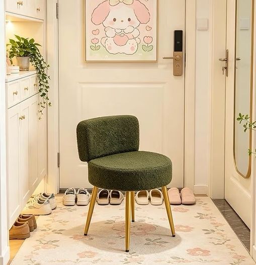 Green Dressing Table Chair with Gold Legs, Teddy Velvet Makeup Vanity Stool Chair for Dressing Table, Bedroom, Living Room