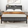 King Size Bed Frame with Storage and Headboard Shelf, Upholstered Bed Image 9