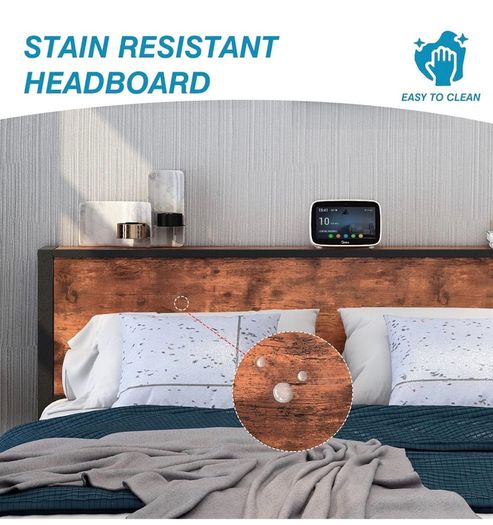 King Size Bed Frame with Storage Wooden Headboard, Metal Bed Frame