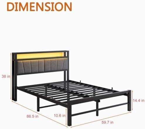 King Size Bed Frame with Storage and LED Lights,5ft Metal Platform Bed Frame King Size Bed Base with Charging Station,Mattress Base,Strong Slats Support,Under-bed Storage,Noise Free,Grey