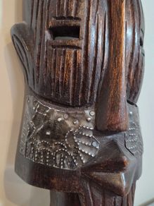 Hand-carved mask from Togo - wood and recycled metal