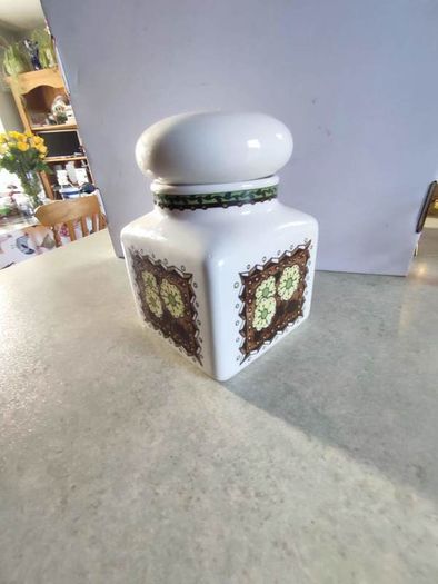 Rare find  Vintage White Taunton Vale Storage Jar with Green, Yellow and Brown Floral Design Crazed otherwise Good Condition