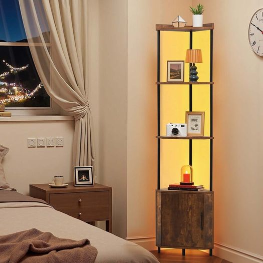 5 Tier Corner Shelf, Tall Corner Stand with LED Light and Doors, Wall Shelves Tower Storage Organizer, Metal Frame & Wooden Shelves