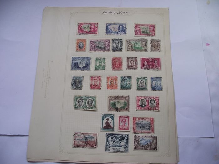A collection of stamps from Northern Rhodesia, Southern Rhodesia, Rhodesia, South Africa and Nyasaland on loose pages