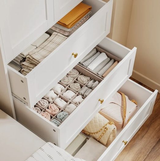 70cm White Wardrobe with 3 Drawers, Clothes Rail & Dark Wood Top