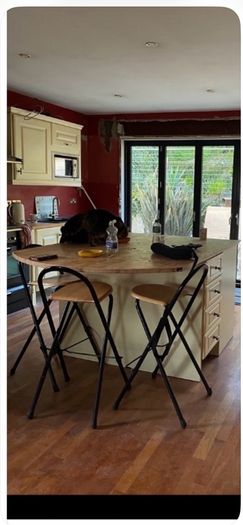 Kitchen + Island + Solid Oak worktops + black sink & gold mixer tap + integrated dishwasher