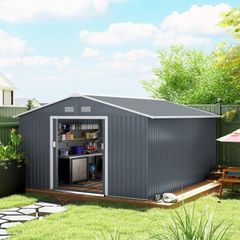 13 x 11ft Garden Metal Storage Shed, Outdoor Storage Tool House with Ventilation Slots, Floor Foundation and Lockable Double Doors, Grey