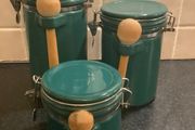 3 Ceramic Clip Jars With Wooden Spoons