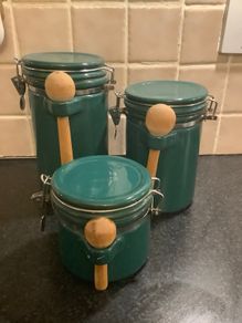 3 Ceramic Clip Jars With Wooden Spoons