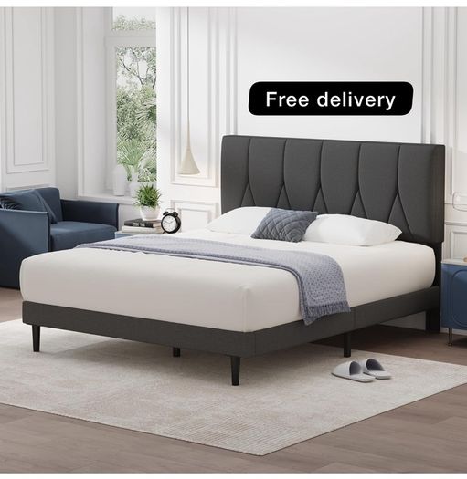 Double Bed Frame, Dark Grey, Upholstered Wooden Slat Bed Frame with Headboard
