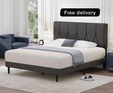 Double Bed Frame, Dark Grey, Upholstered Wooden Slat Bed Frame with Headboard