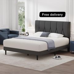 Double Bed Frame, Dark Grey, Upholstered Wooden Slat Bed Frame with Headboard